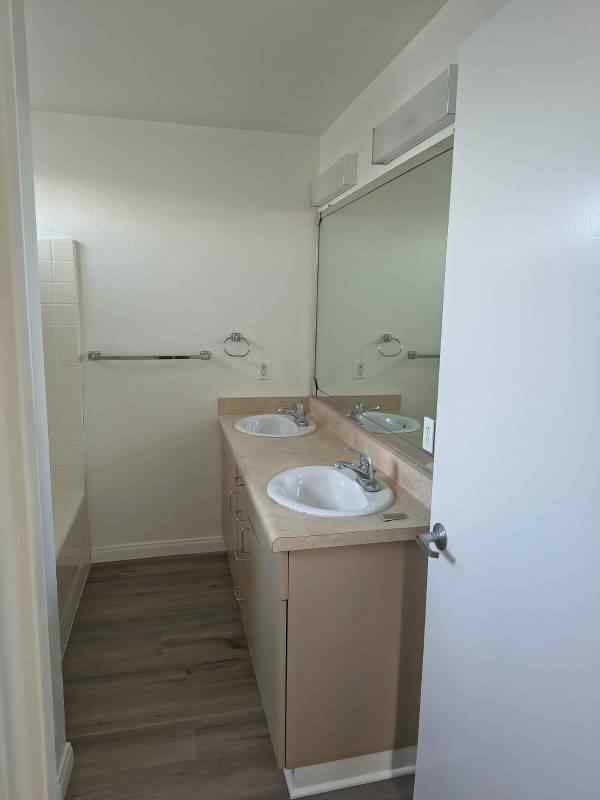 A freshly painted bathroom featuring a double vanity with two white sinks, light beige countertops, and clean white walls. The floor has modern wood-look planks, and a large mirror hangs above the vanity.