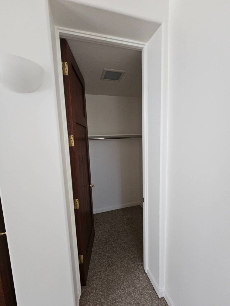 View into an open closet with a dark brown wooden door, white painted walls, a metal hanging rod, and speckled brown carpet. The adjacent hallway walls are also freshly painted white.