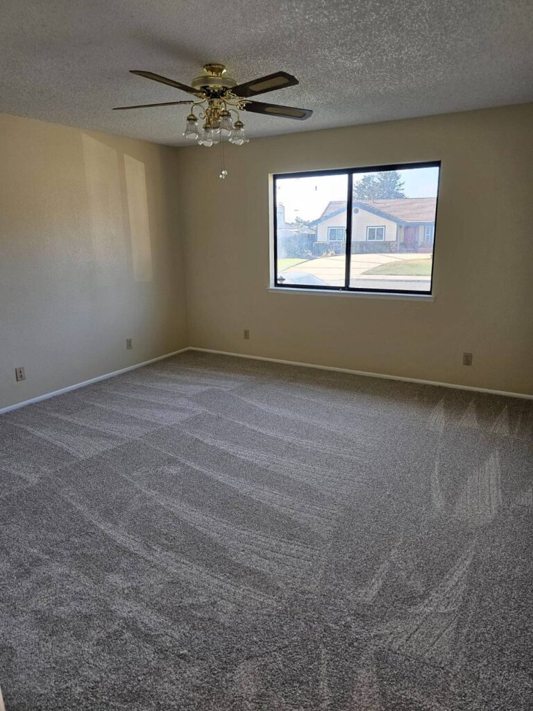 An empty residential room with light beige painted walls, a new gray textured carpet, and a brass ceiling fan with glass light fixtures. A window looks out onto a sunny residential street with houses.