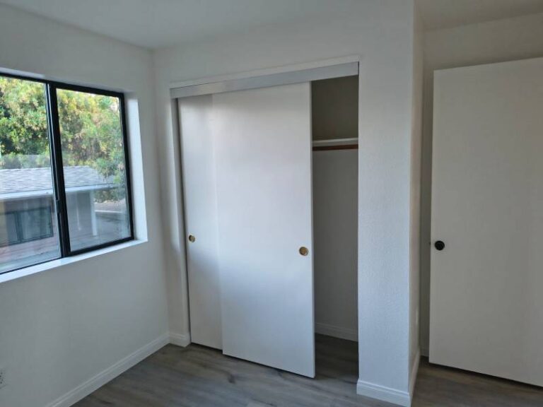 A freshly painted room with bright white walls, a large window overlooking trees, a partially open white sliding closet door, and a closed white interior door. The floor is light wood laminate.