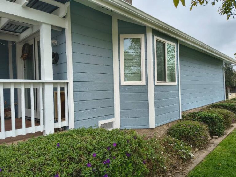 Exterior view of a residential house with light blue siding and crisp white trim, featuring a front porch with a white railing, windows, and green landscaping with bushes and purple flowers. Painted by Hernandez Quality Paint.