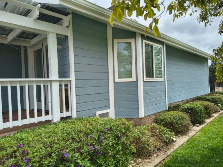 Exterior view of a house showcasing newly painted blue siding and crisp white trim. A white porch railing is visible on the left, with green bushes and purple flowers in the foreground. The house features two windows and a corrugated roof over the porch, under a cloudy sky, highlighting quality residential painting.