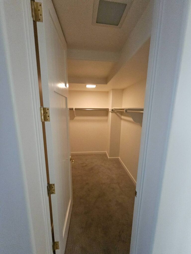 An empty walk-in closet with freshly painted light neutral walls and new gray carpet, viewed through an open white door. Two metal hanging rods are visible.