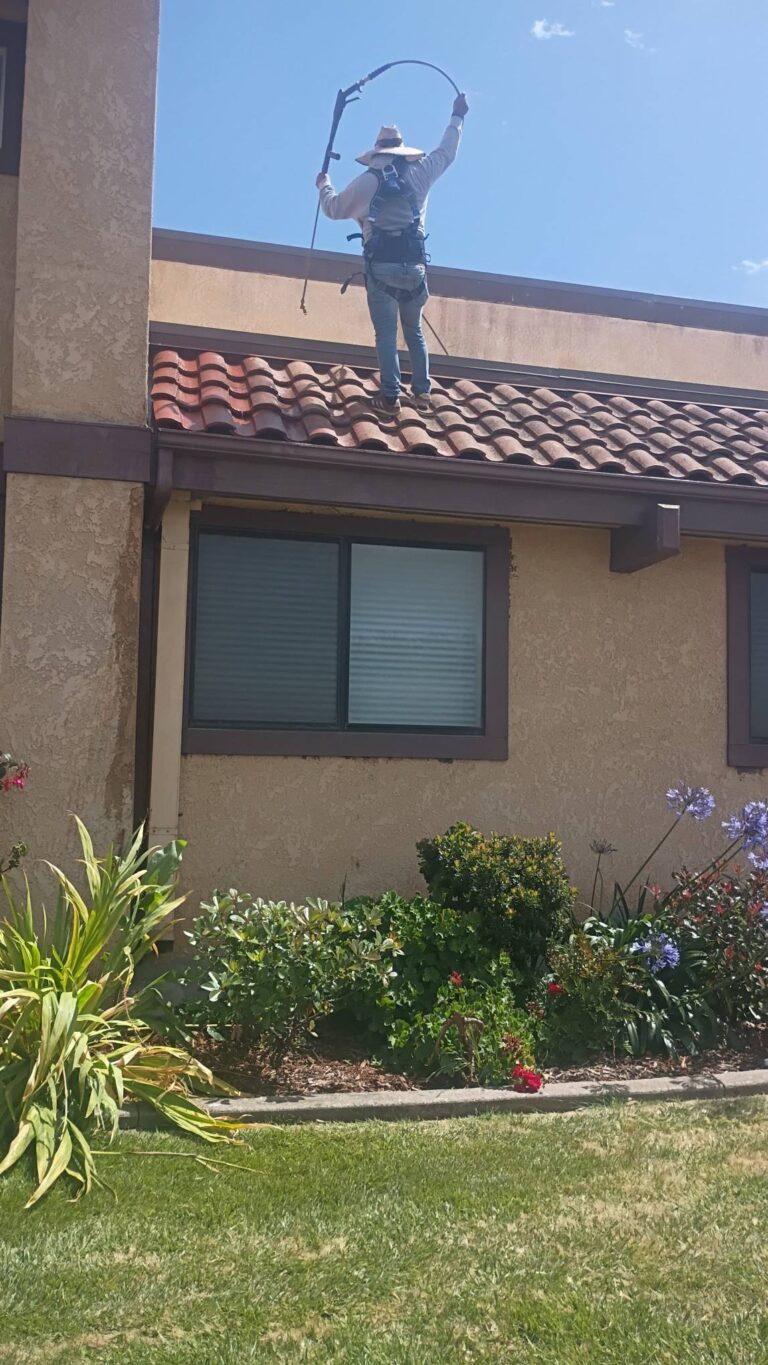 A professional painter standing on a roof extension using an extension spray wand to paint the exterior stucco wall of a residential building.
