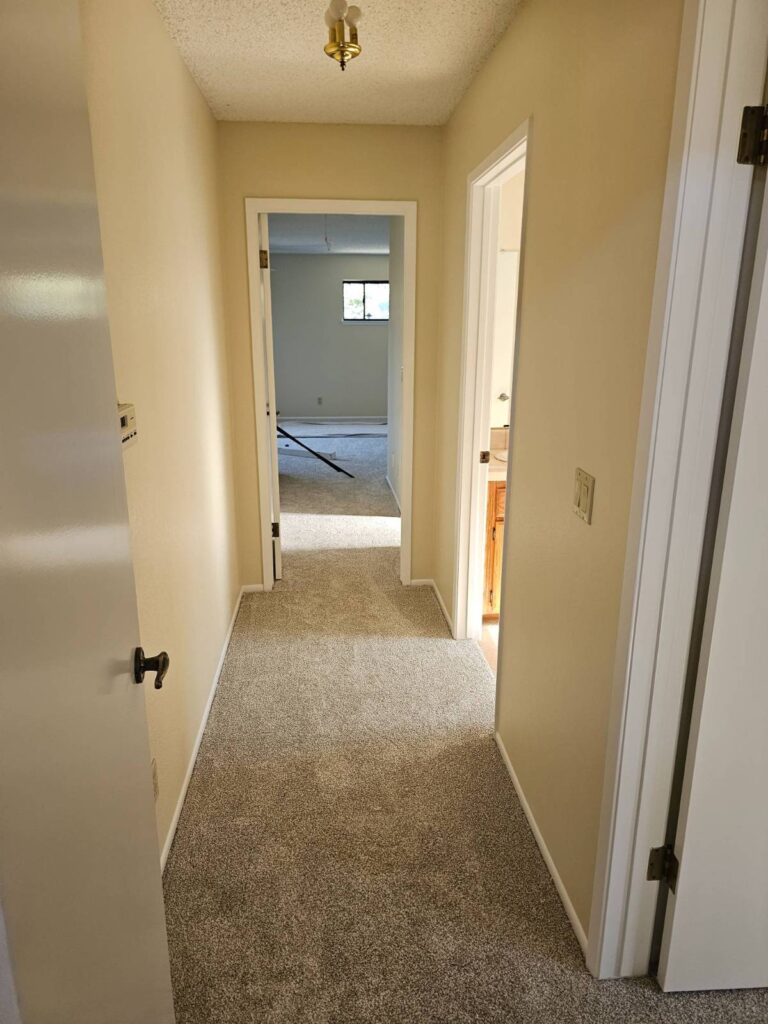 A residential hallway with freshly painted light beige walls, new tan carpet, and white trim. White doors lead to other rooms, with a glimpse of a window in a room at the end of the hall and a bathroom vanity to the right.